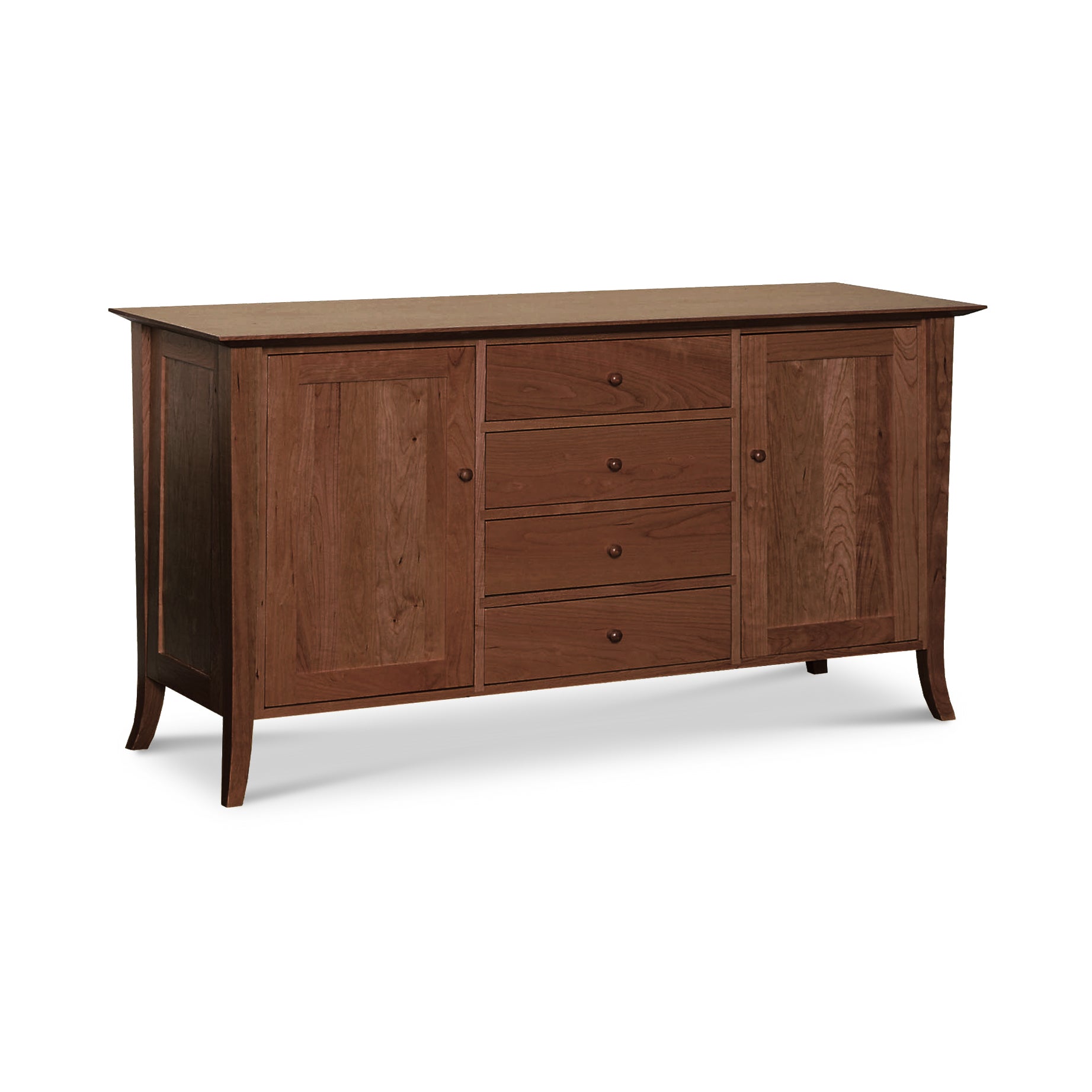 A natural cherry wooden Classic Shaker Flare Leg Large Buffet with drawers and doors, showcasing Lyndon Furniture craftsmanship.