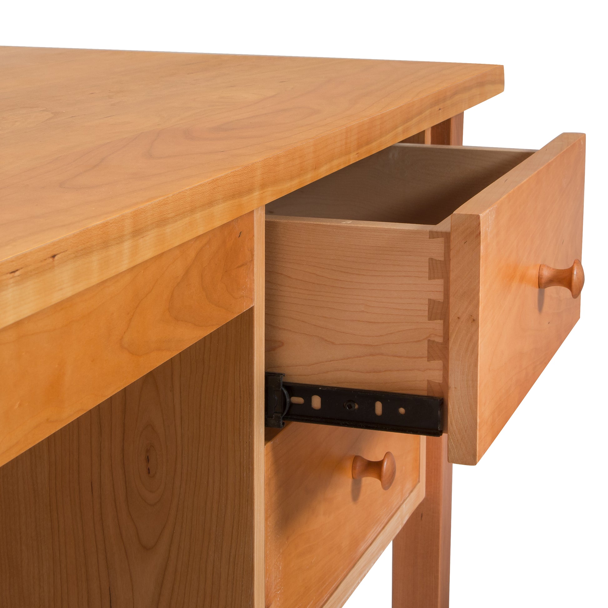 A Large Wood Flare Leg Executive Desk by Lyndon Furniture, with a drawer, that is sustainably harvested.