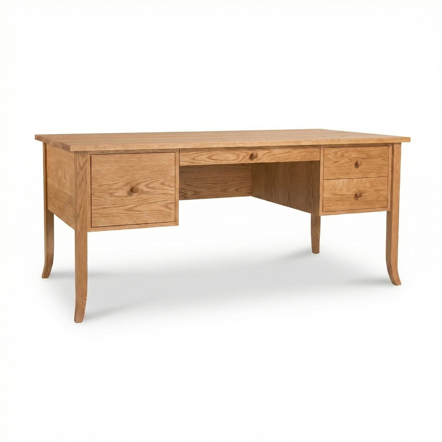 Large Flare Leg Executive Desk by Lyndon Furniture features solid wood construction, two right drawers, one left drawer, and elegant curved legs.