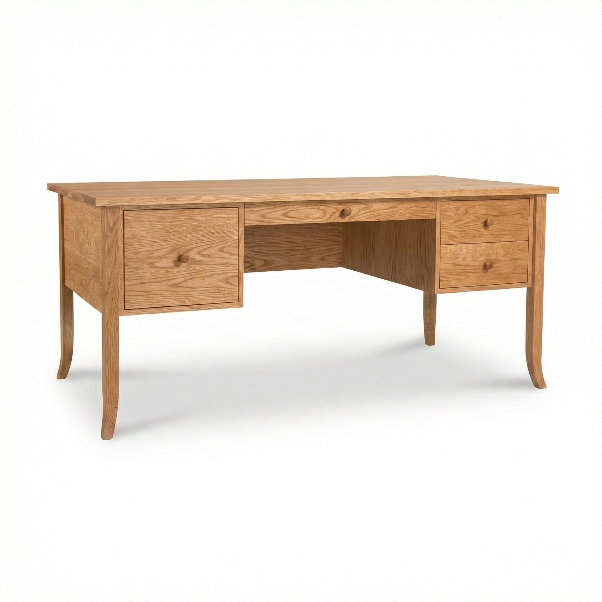 Large Flare Leg Executive Desk by Lyndon Furniture features solid wood construction, two right drawers, one left drawer, and elegant curved legs.