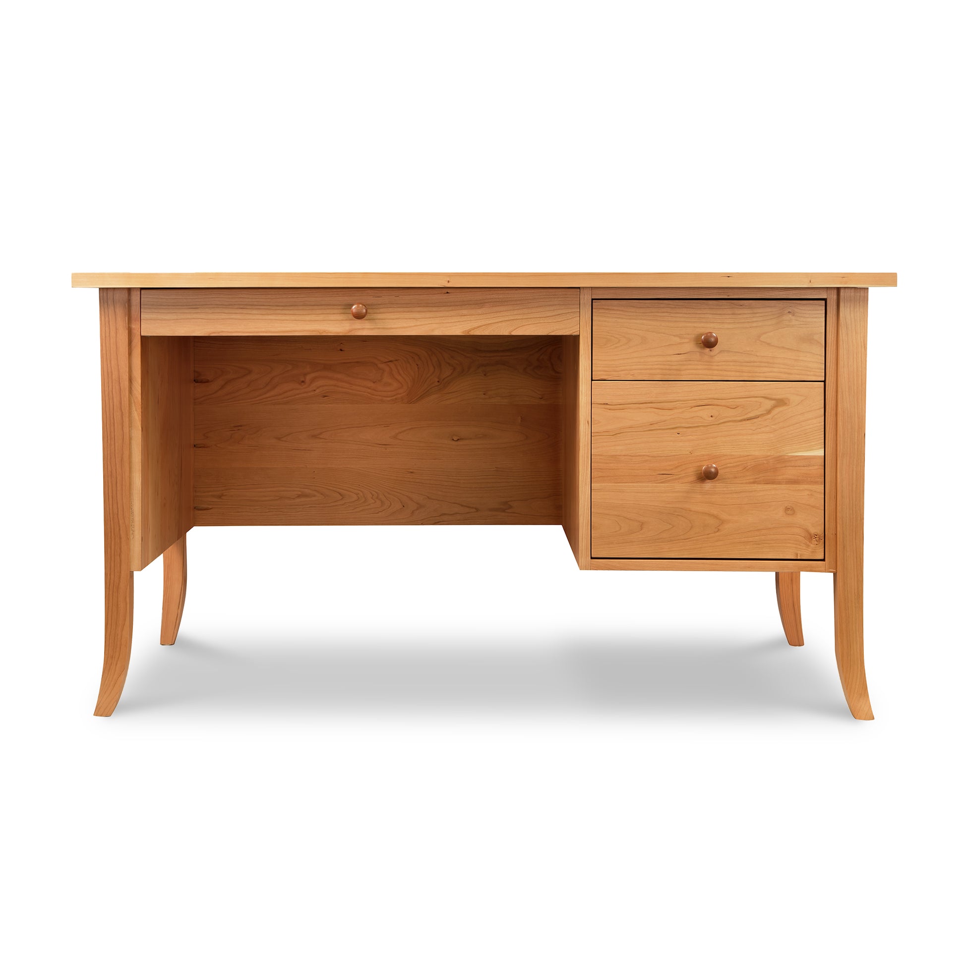 A Small Wood Flare Leg Executive Desk with solid wood construction and two drawers, made by Lyndon Furniture.