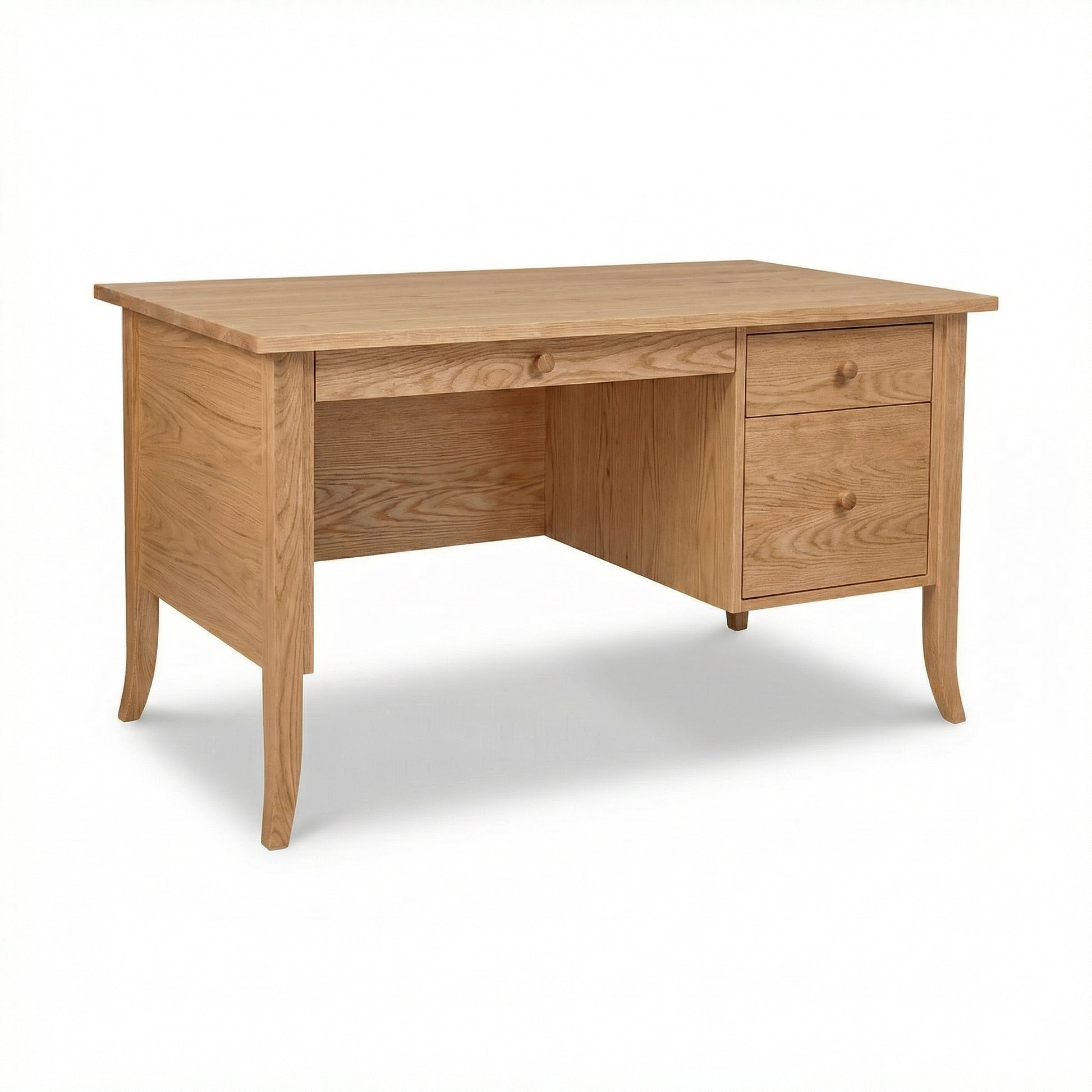 Lyndon Furniture Small Wood Flare Leg Executive Desk featuring two right drawers and left-side seating, crafted in solid wood.