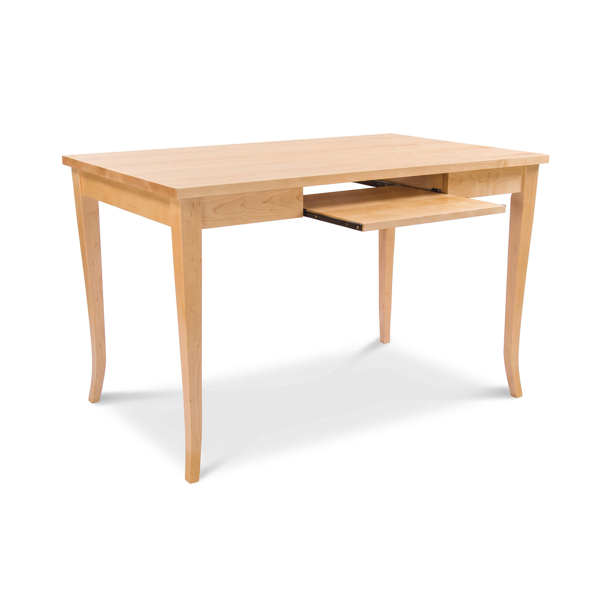 Classic Shaker Flare Leg Writing Desk by Lyndon Furniture in light wood with sliding keyboard tray, handcrafted and American made.