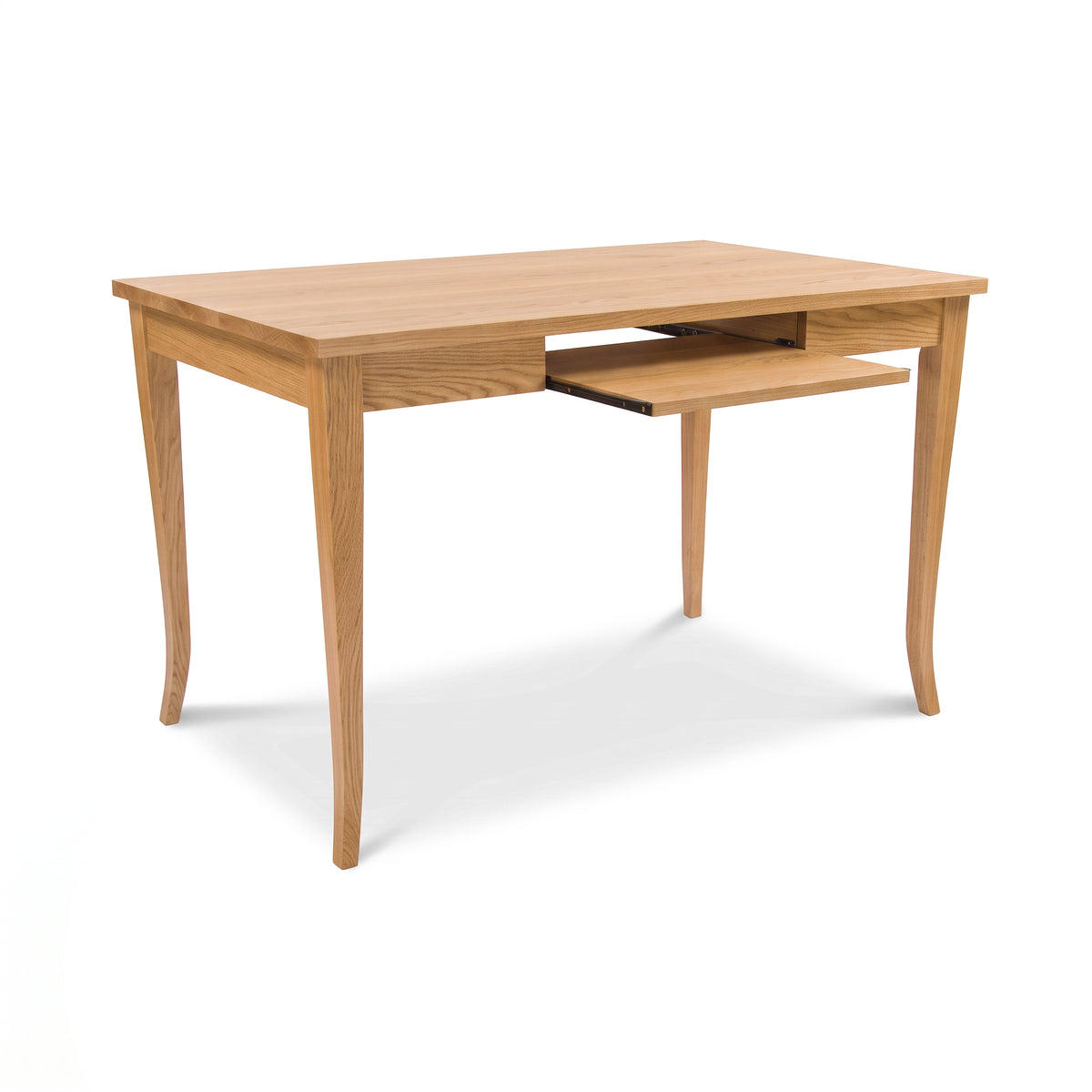 Lyndon Furniture Classic Shaker Flare Leg Writing Desk in light wood with keyboard tray, crafted in the USA from sustainable hardwoods.
