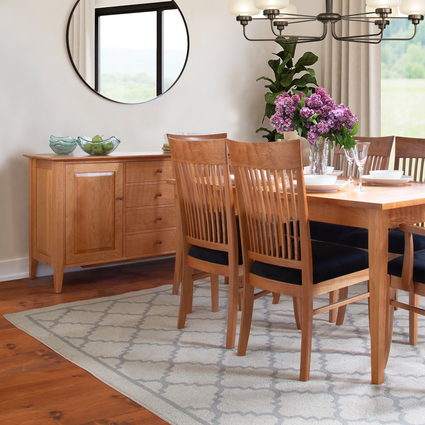 Sustainably sourced hardwood dining table with six chairs and Classic Shaker Large Buffet by Lyndon Furniture.