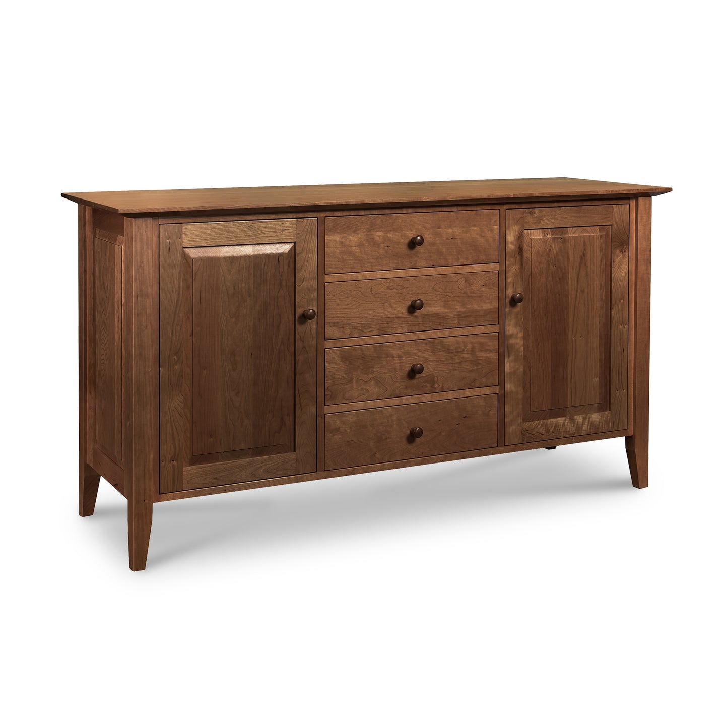 Classic Shaker Large Buffet featuring two cabinets and four central drawers with rounded handles in a polished sustainably-sourced hardwood finish by Lyndon Furniture.