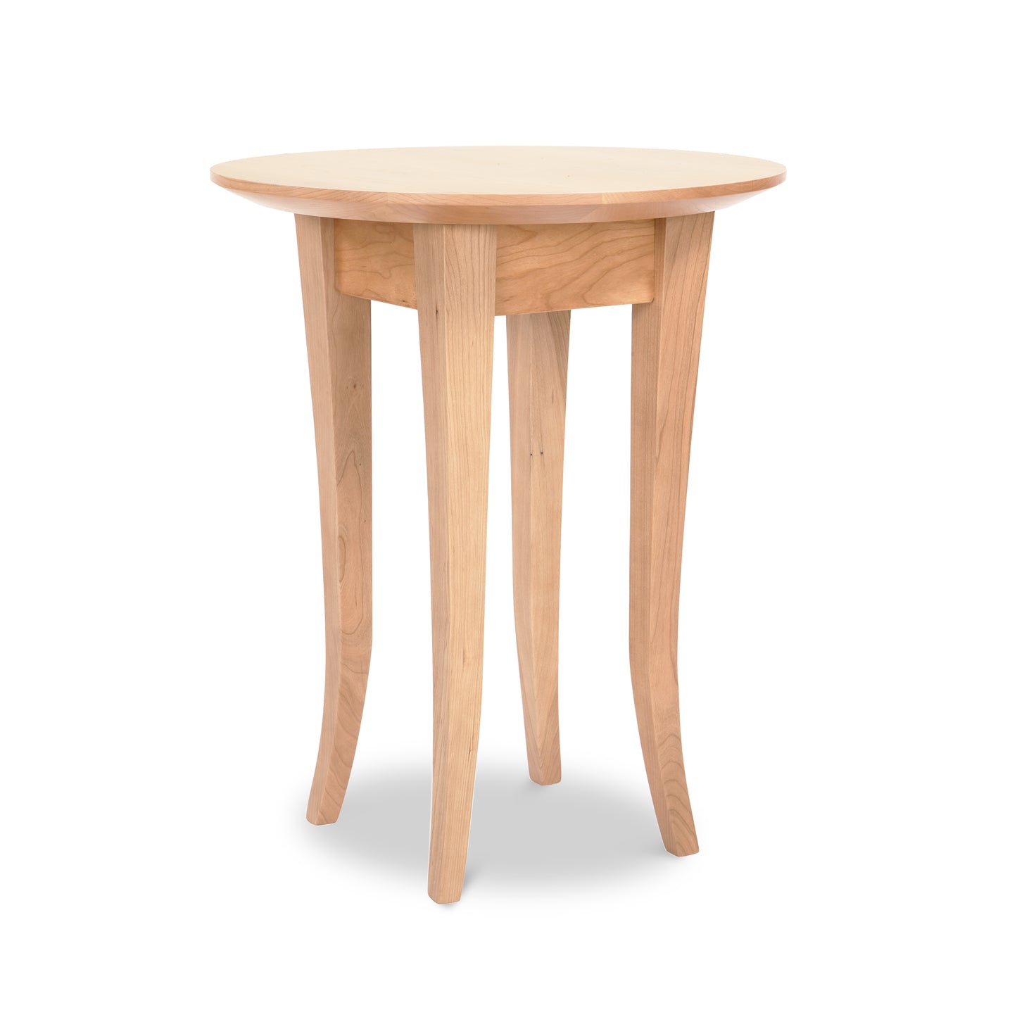 A Classic Shaker Round Flare Leg End Table from Lyndon Furniture, with slender, slightly curved legs, isolated on a white background.