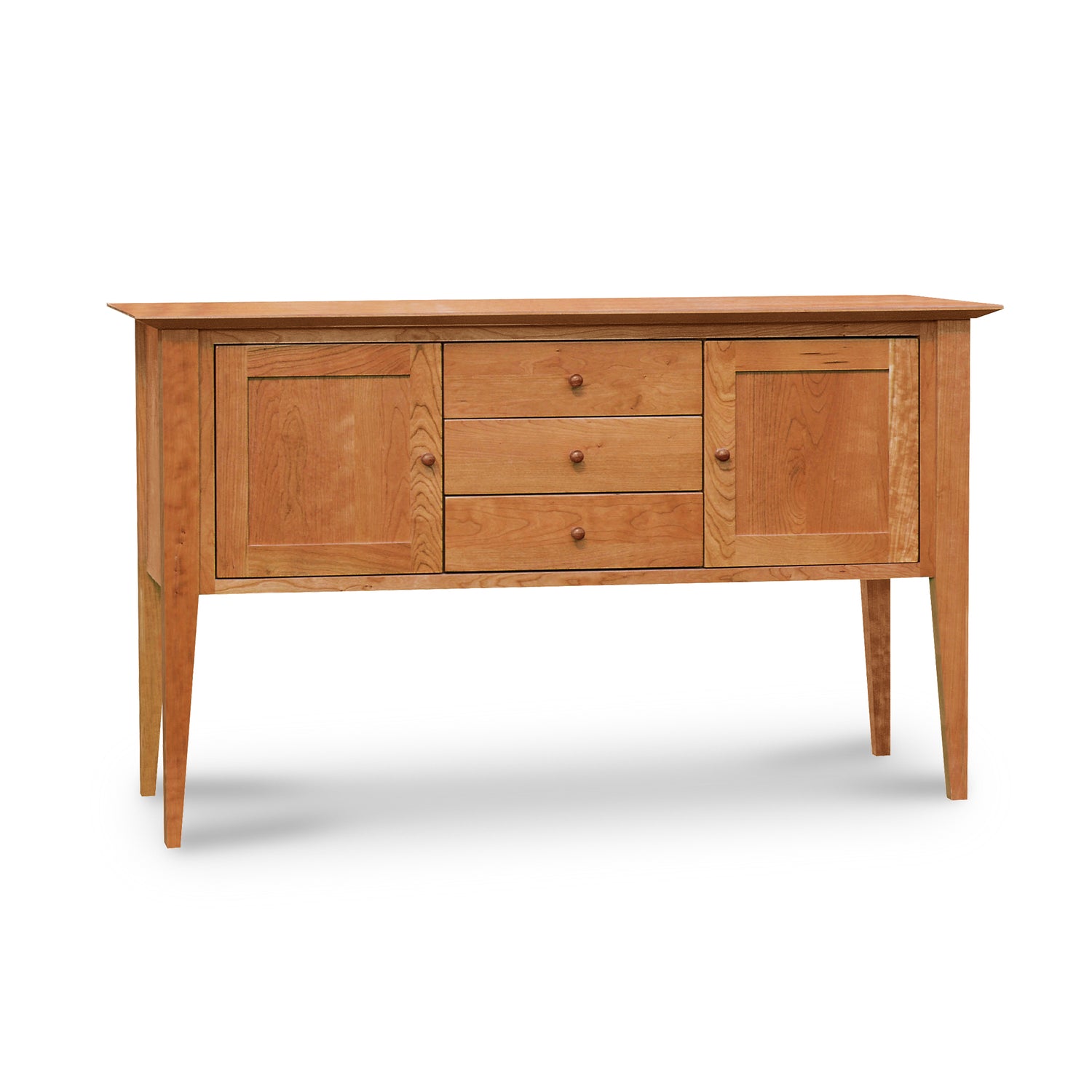 Alt text: Classic Shaker Small Buffet by Lyndon Furniture in Vermont - Solid Wood Sideboard with Tapered Legs, Two Central Drawers, and Cabinet Doors. American Made Shaker Style Wooden Sideboard with Smooth Finish and Minimalist Design.