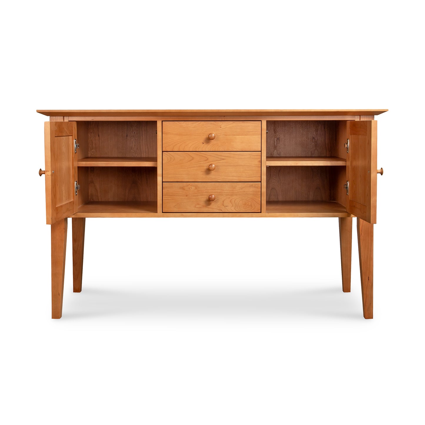 Classic Shaker Small Buffet in light wood by Lyndon Furniture, with 3 central drawers and 2 side cabinets featuring shelves.