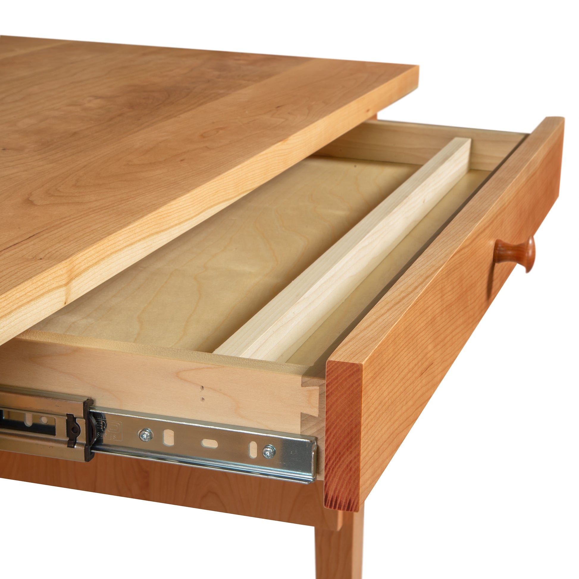 Lyndon Furniture Small Wood Executive Desk in Shaker style, showing open drawer with sliding tray and metal slides, crafted from solid wood.