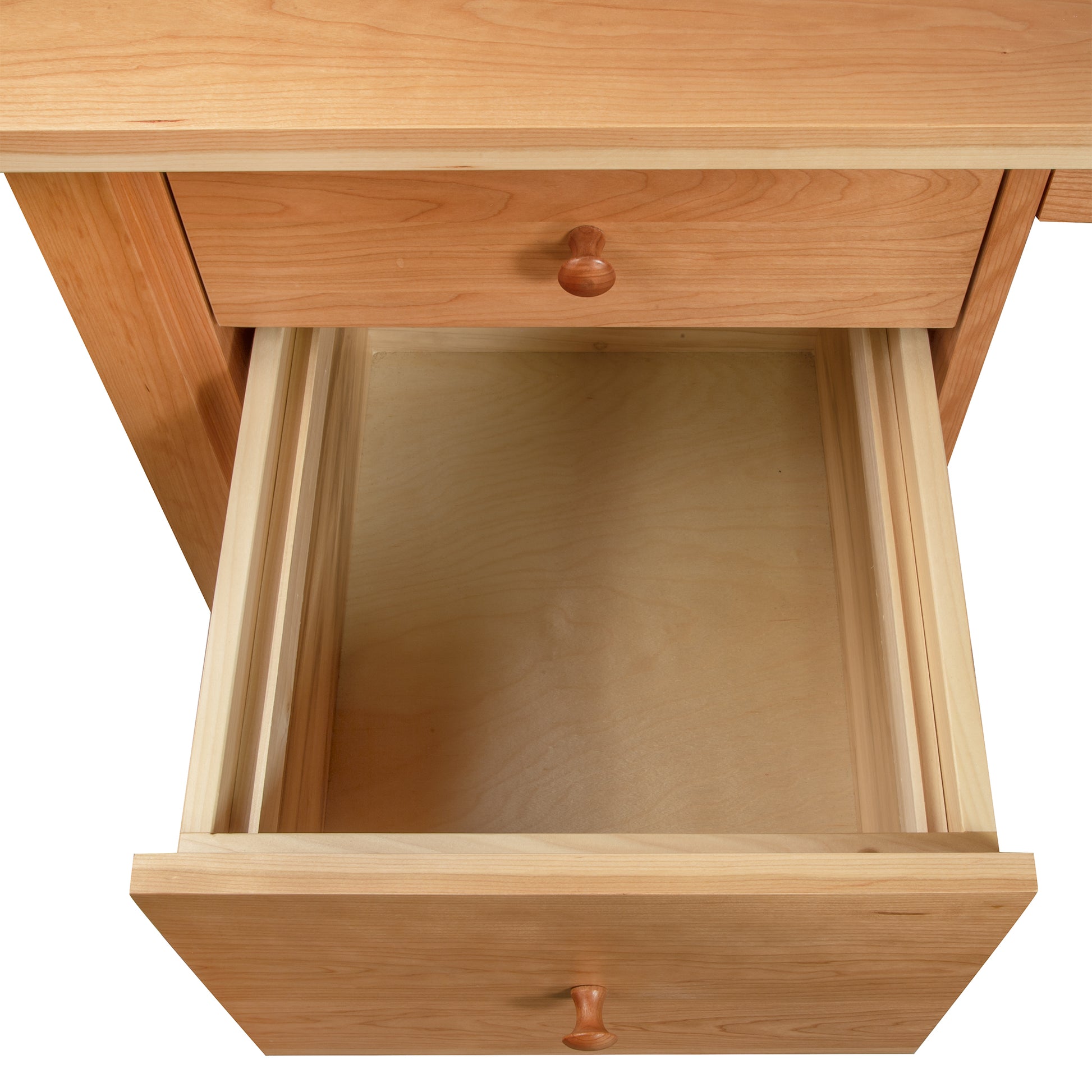 Small Wood Executive Desk by Lyndon Furniture shown from above with the drawer open, highlighting craftsmanship and wood grain detail.
