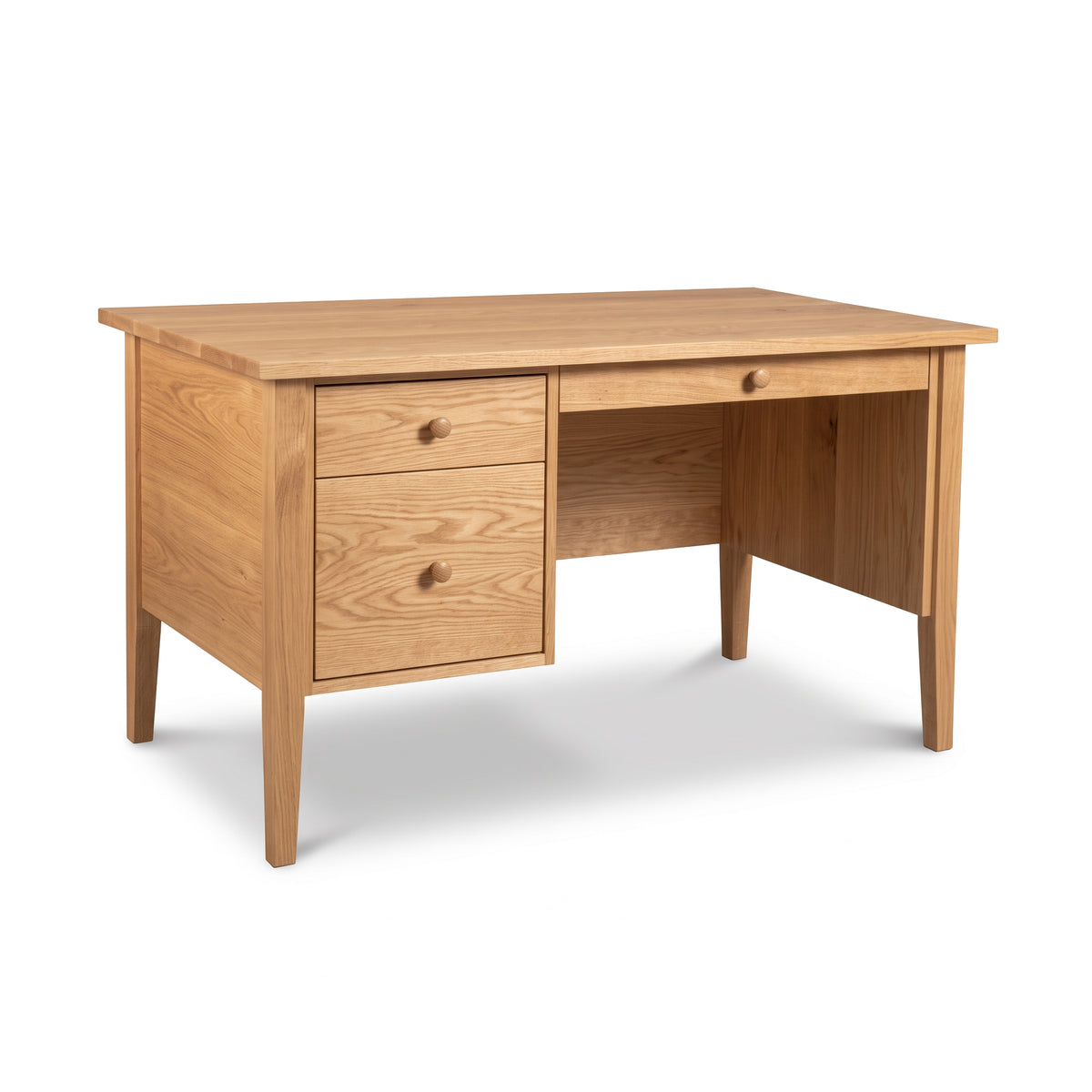 Lyndon Furniture solid wood Shaker-style executive desk featuring two stacked drawers, a center drawer, and tapered legs.