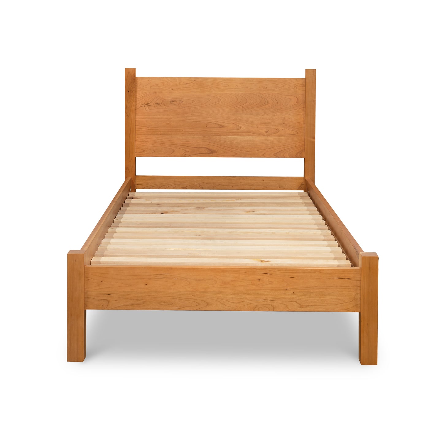 A wooden bed frame with wooden slats.