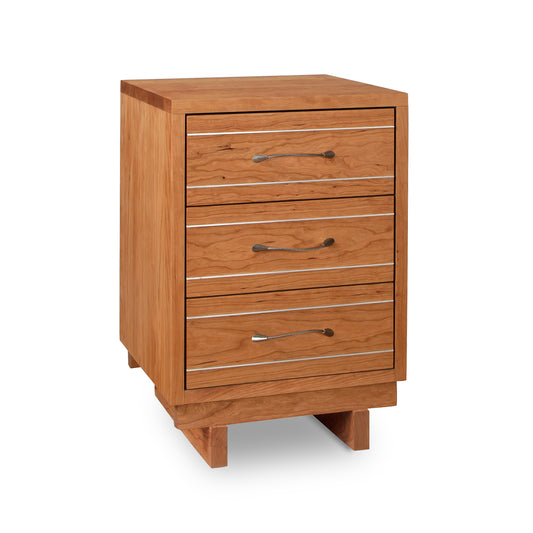 A Vermont Furniture Designs Contemporary Cable 3-Drawer Nightstand with three drawers that adds a touch of industrial flair to your bedroom decor.