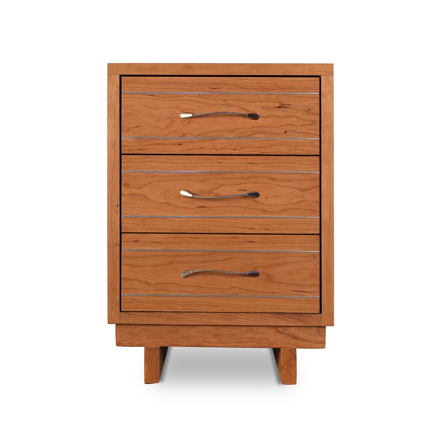 A wooden four-drawer dresser with metal handles and dovetail drawers on a white background by Vermont Furniture Designs.