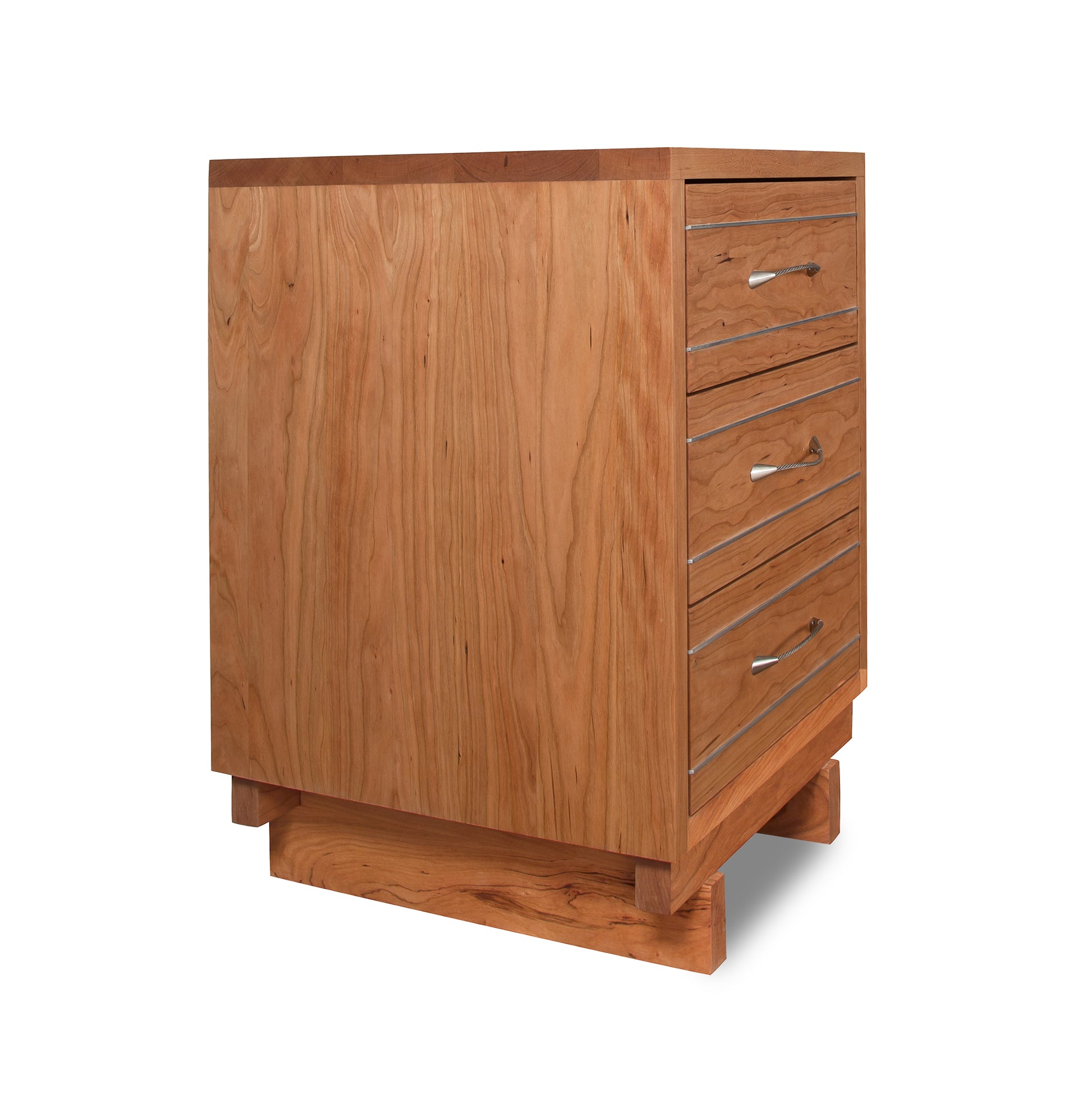 A Vermont Furniture Designs wooden chest of drawers with a closed cabinet on the left and several dovetail drawers with metal handles on the right, isolated on a white background.