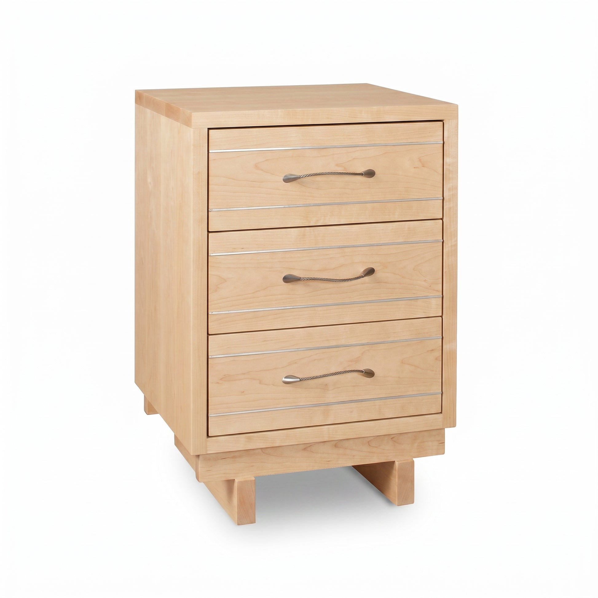Contemporary Cable 3-Drawer Nightstand in light wood with metal handles and block legs, crafted by Vermont Furniture Designs, American made quality.
