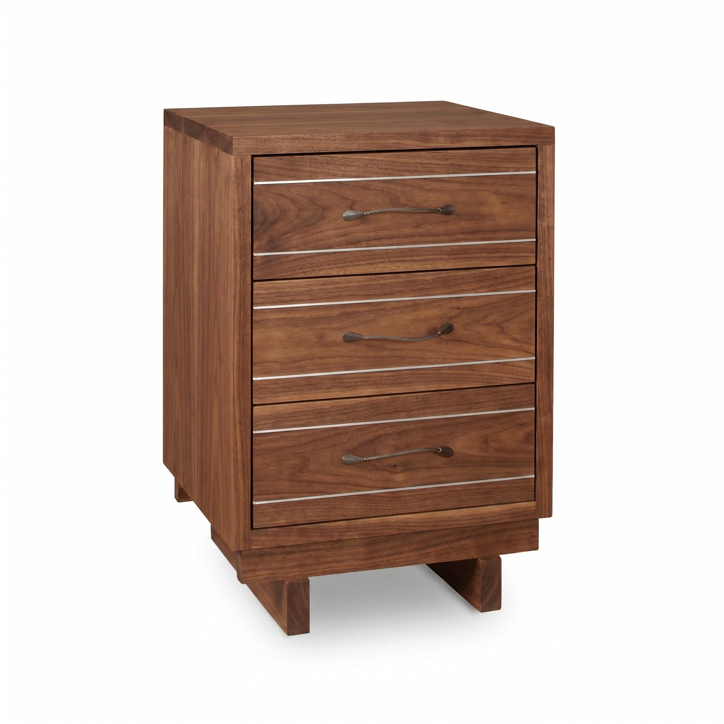 Contemporary Cable 3-Drawer Nightstand by Vermont Furniture Designs with sleek metal handles and a natural wood finish, crafted in the USA.