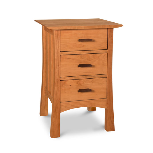 A solid wood Vermont Furniture Designs Contemporary Craftsman 3-Drawer Nightstand on a white background.