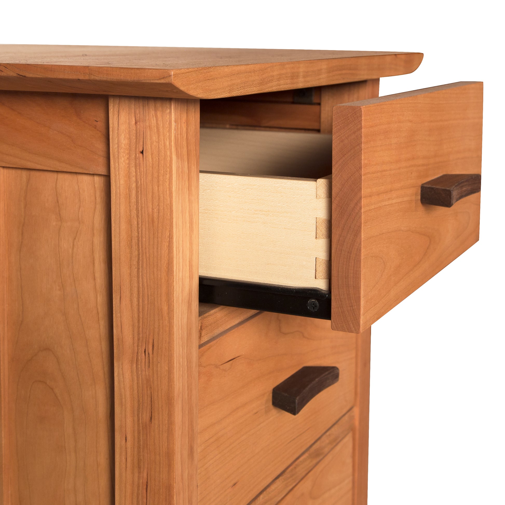 Contemporary Craftsman 3-Drawer Nightstand from Vermont Furniture Designs in solid wood with an eco-friendly oil finish, featuring an open drawer that showcases the construction and dovetail joints.