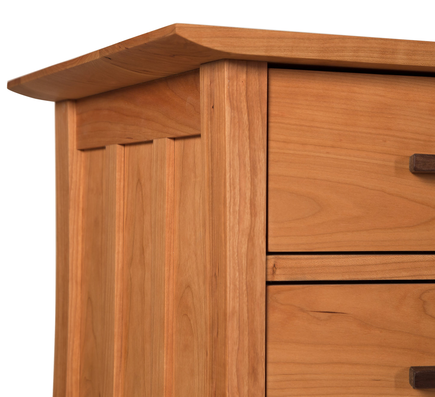A close up of a Vermont Furniture Designs Contemporary Craftsman 3-Drawer Nightstand.