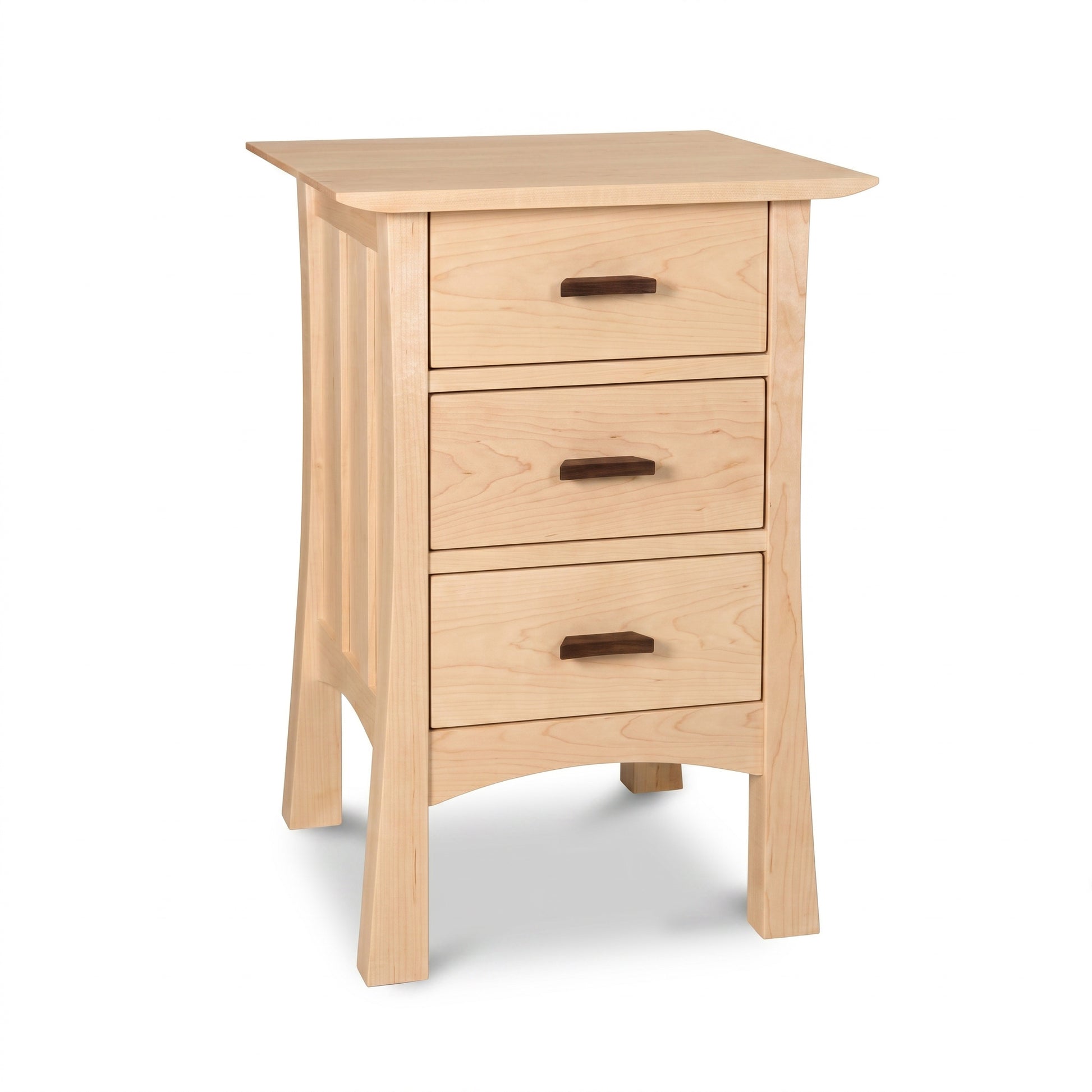 Contemporary Craftsman 3-drawer nightstand by Vermont Furniture Designs in solid wood with dark handles, handcrafted for quality bedroom storage.