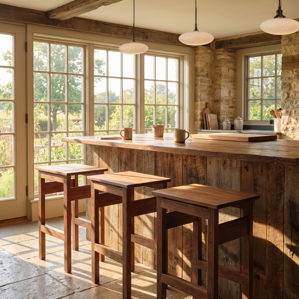 Set of three handcrafted Contemporary Asian stools featuring a simple, minimalist design.