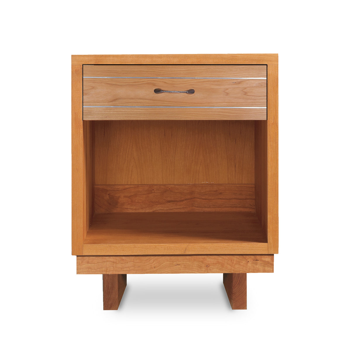Vermont Furniture Designs Contemporary Cable Nightstand featuring one drawer with a metal pull, an open shelf, and four block legs.