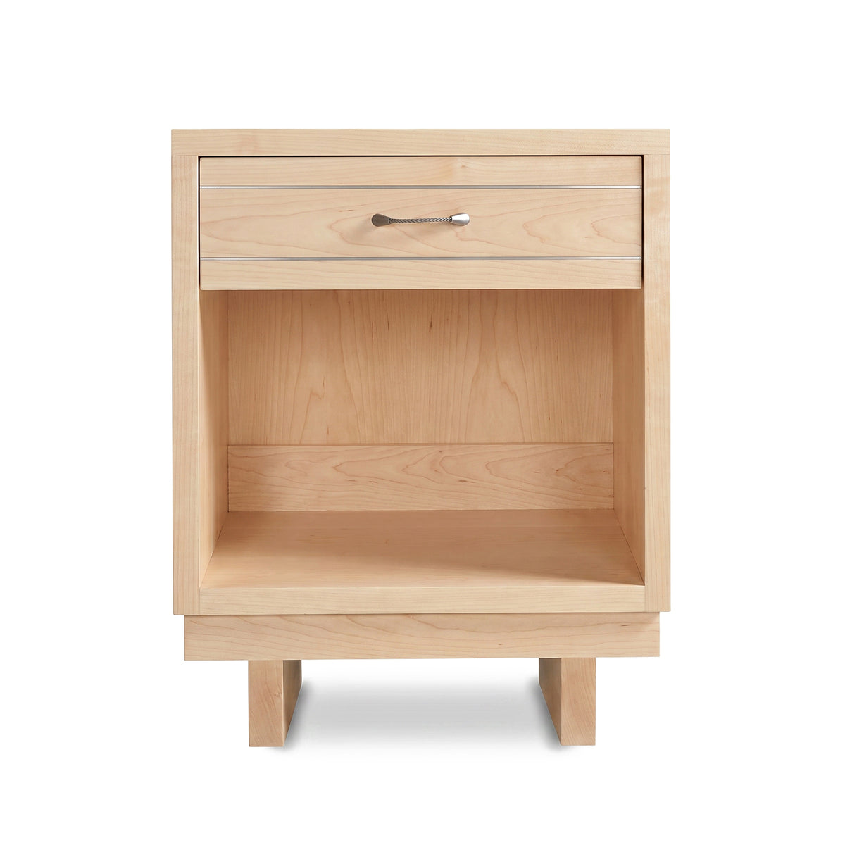 Vermont Furniture Designs Contemporary Cable 1-Drawer Enclosed Shelf Nightstand crafted from light-colored wood featuring a thin metallic handle.