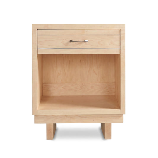 Vermont Furniture Designs Contemporary Cable 1-Drawer Enclosed Shelf Nightstand crafted from light-colored wood featuring a thin metallic handle.