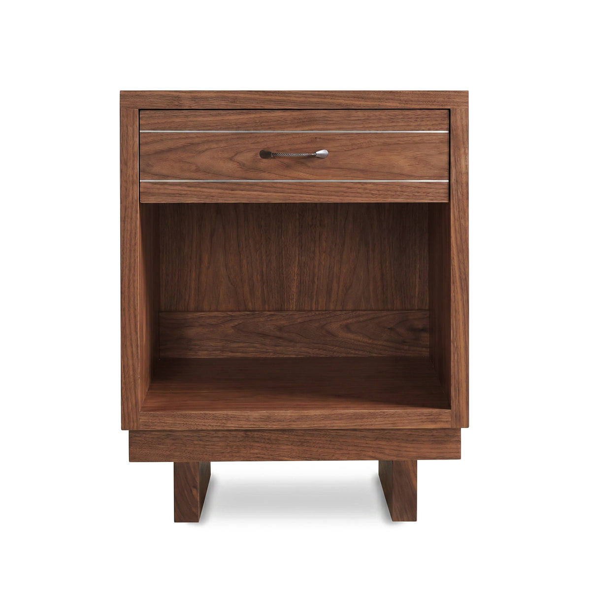 Handcrafted solid hardwood Contemporary Cable nightstand featuring one upper drawer, a lower open shelf, and short legs.