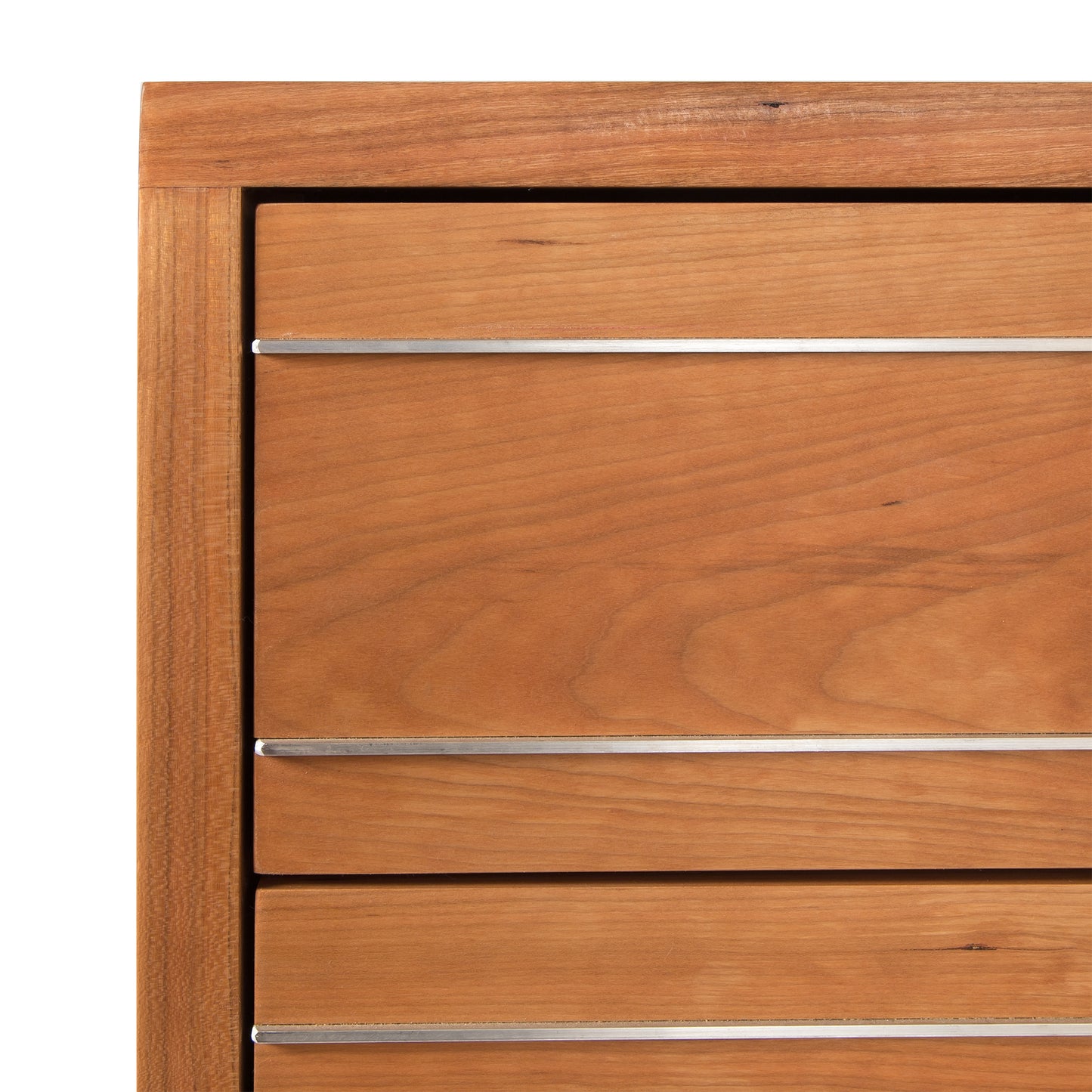 Contemporary Cable 5-Drawer Chest by Vermont Furniture Designs, focusing on three sleek silver handles and a natural light brown solid wood finish.