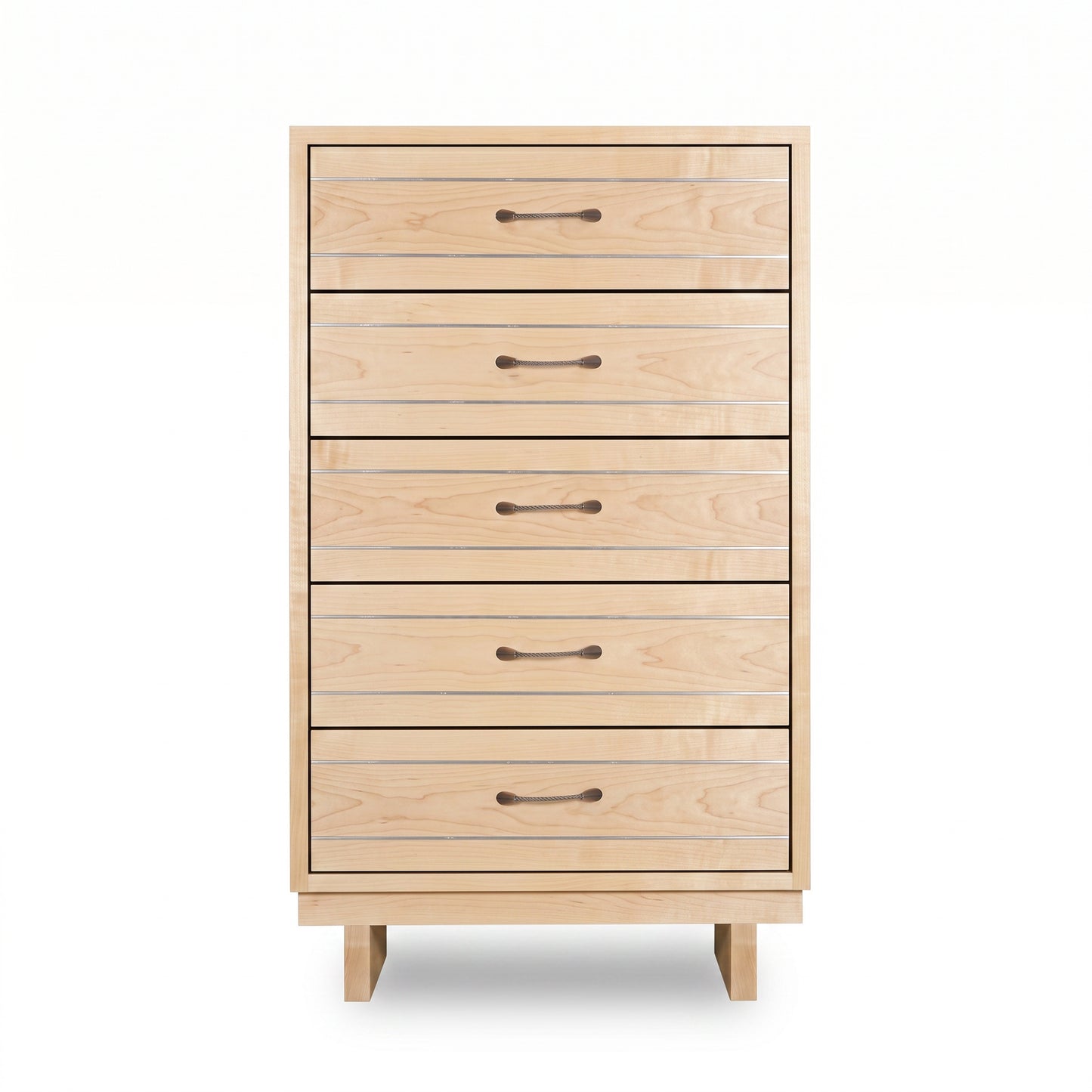 Contemporary Cable 5-Drawer Chest by Vermont Furniture Designs with light wood and sleek metal handles, crafted in the USA, American made.