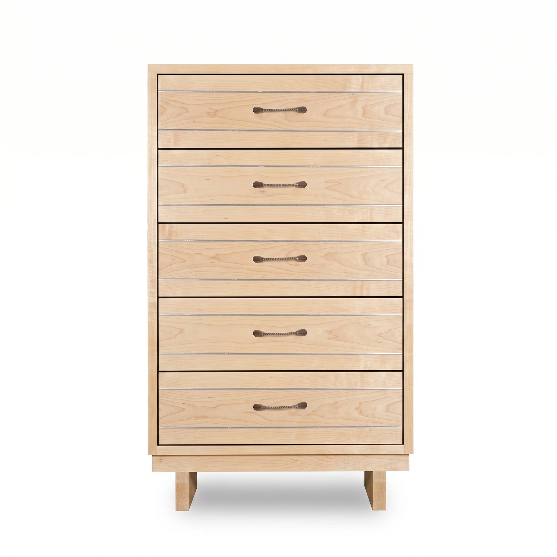 Contemporary Cable 5-Drawer Chest by Vermont Furniture Designs with light wood and sleek metal handles, crafted in the USA, American made.