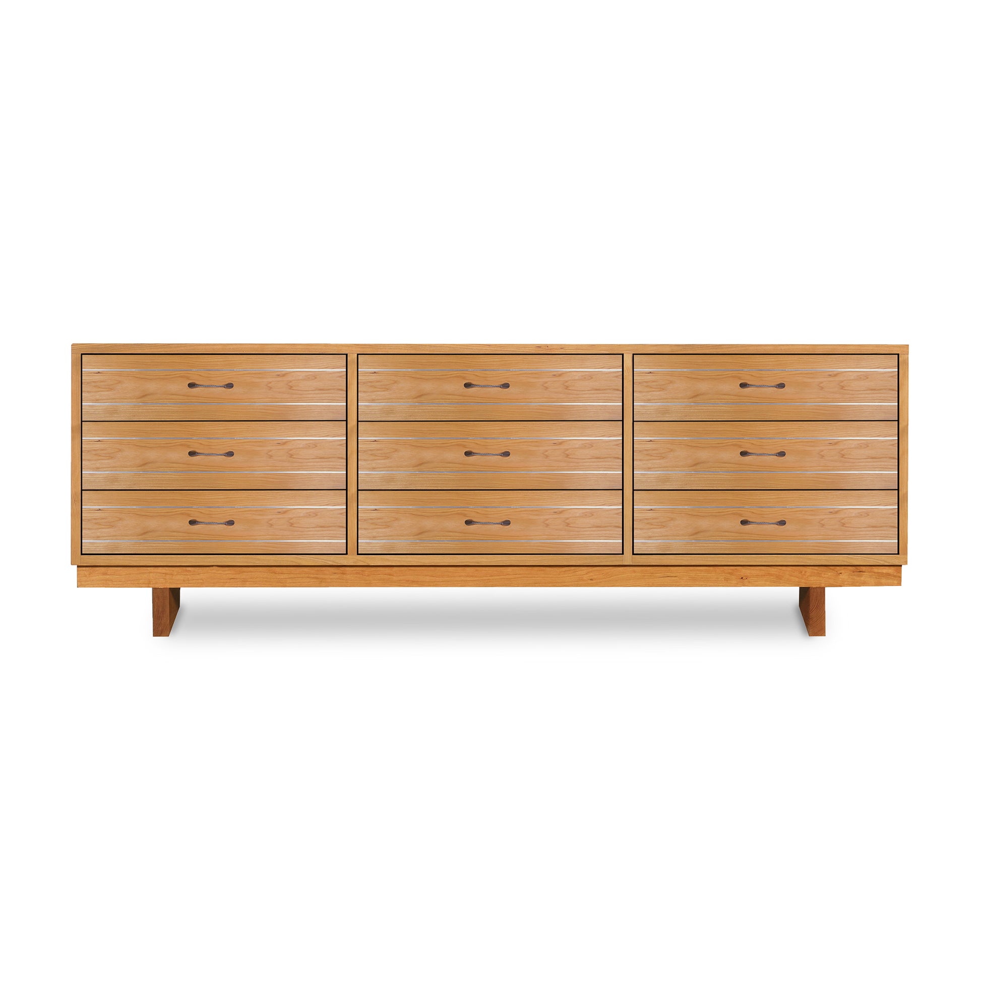 A handcrafted Vermont Furniture Designs Contemporary Cable 9-Drawer Dresser with six drawers and low-profile legs, isolated on a white background.