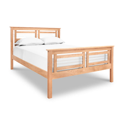 Contemporary Cable Bed with slatted headboard, eco-friendly hardwood construction, white mattress and pillows.