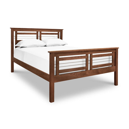 Contemporary Cable Bed by Vermont Furniture Designs made of solid hardwood with a slatted design and eco-friendly finish, featuring a white sheet and two pillows.