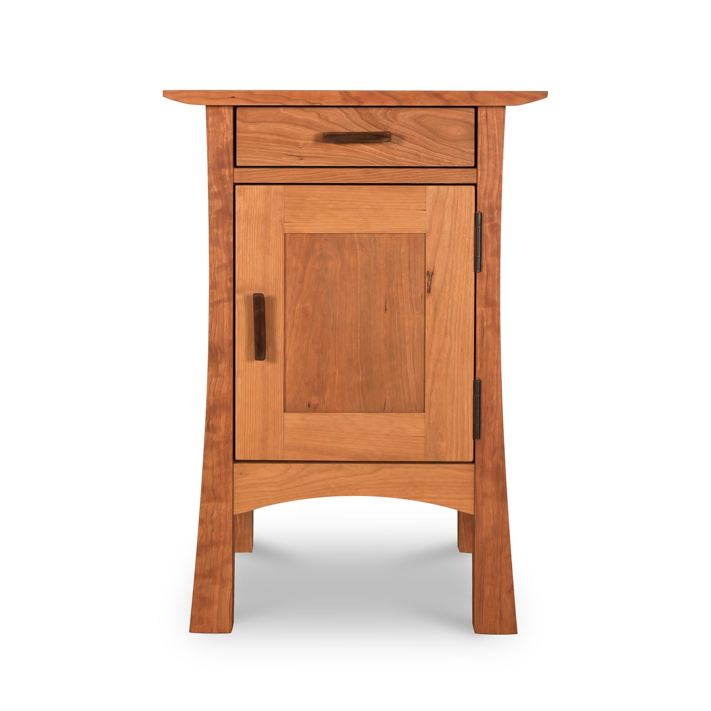 A wooden Vermont Furniture Designs Contemporary Craftsman 1-Drawer Nightstand with Door, standing against a white background, finished with eco-friendly oil for a modern bedroom ambiance.