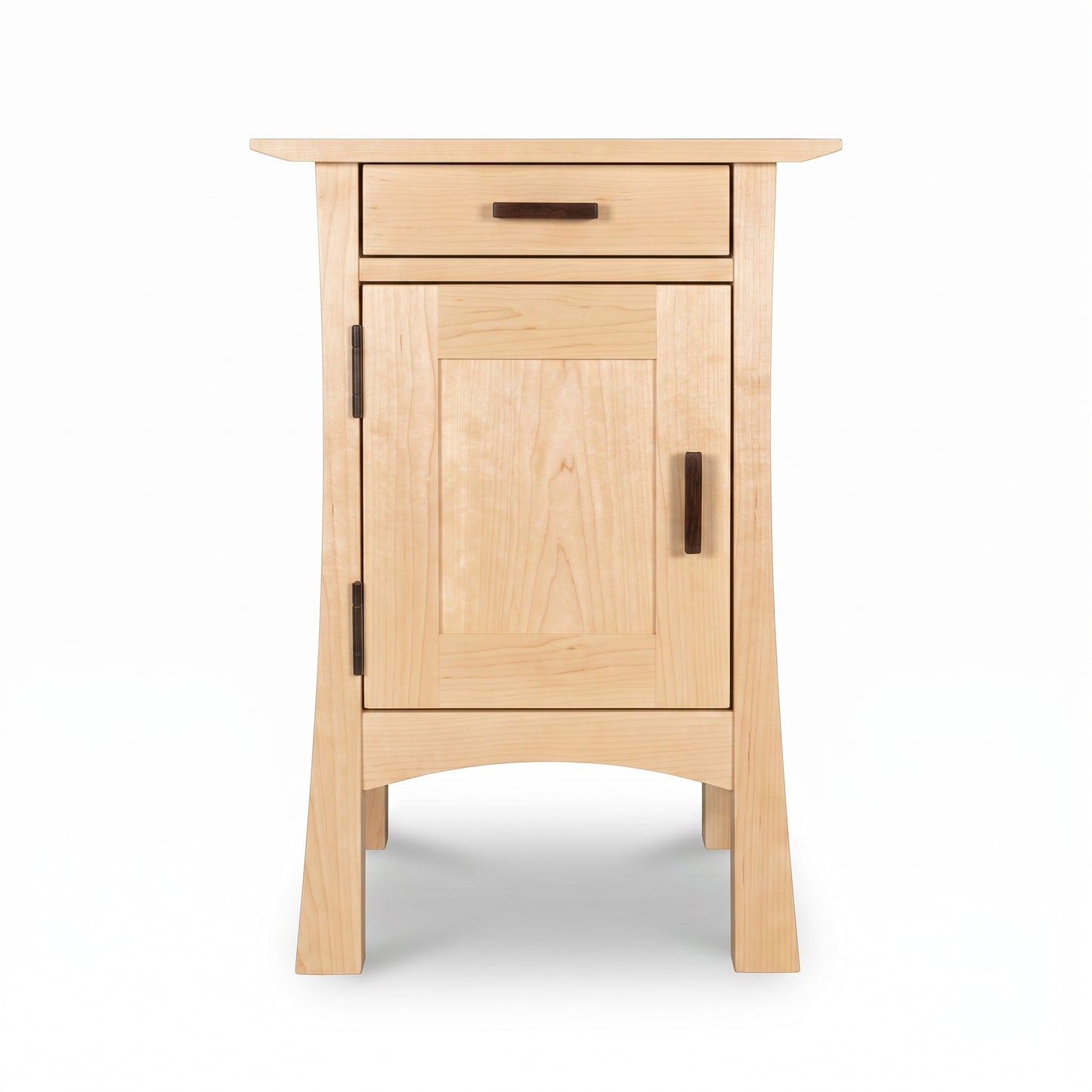 Contemporary Craftsman nightstand by Vermont Furniture Designs, light wood, 1 drawer, door, and dark metal handles; American made hardwood furniture.