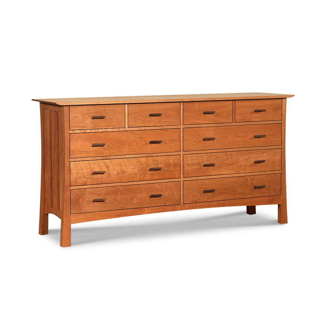 Contemporary Craftsman 10-Drawer Wide Dresser by Vermont Furniture Designs, handcrafted from solid natural wood with dark rectangular handles and elegant four-leg design.