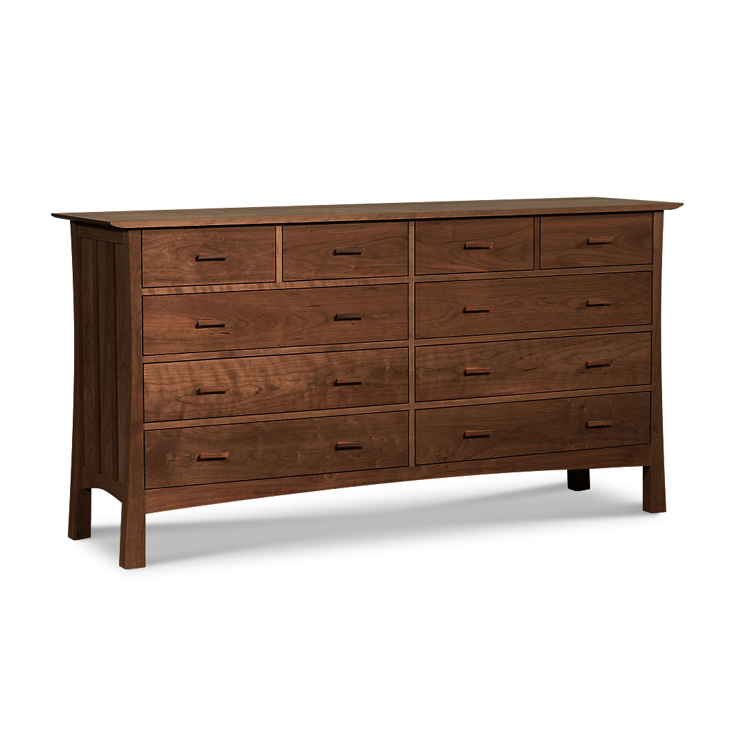 Handcrafted Vermont Furniture Designs dresser featuring 10 drawers with metal handles, crafted in solid natural wood with a warm brown finish.