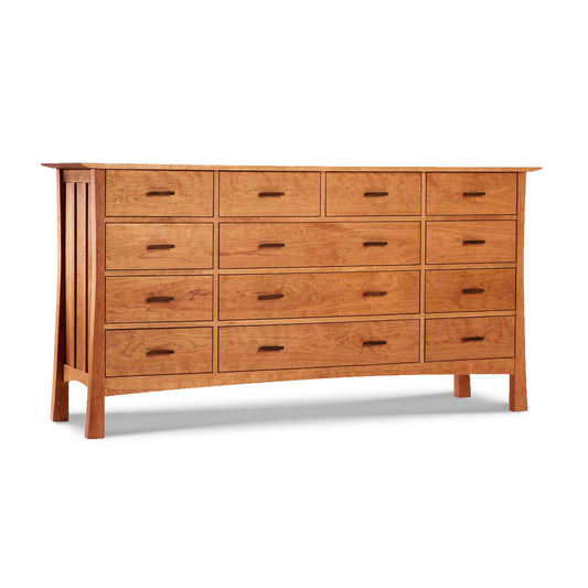 Contemporary Vermont Furniture Designs 13-Drawer Wide Dresser with walnut pulls and multiple storage drawers isolated on white background.
