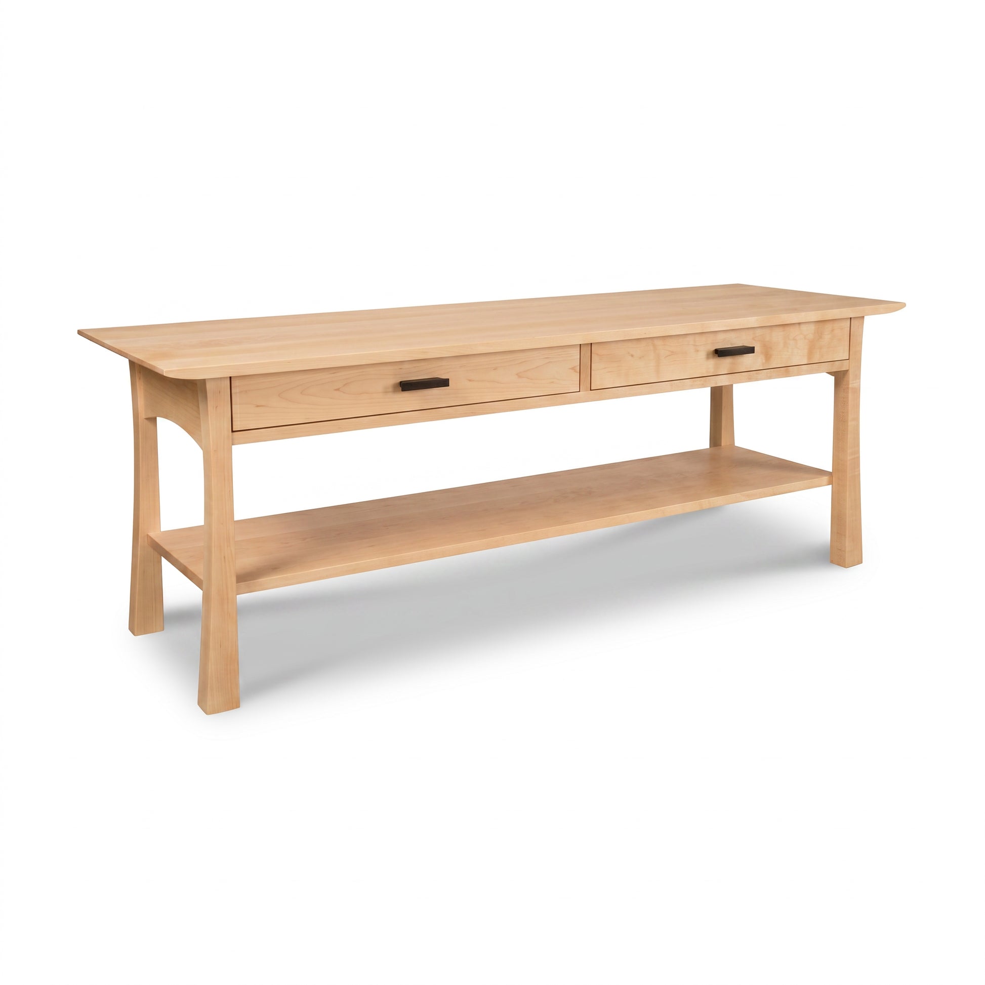 Contemporary Craftsman console coffee table by Vermont Furniture Designs in light wood with black handles, showcasing American craftsmanship.