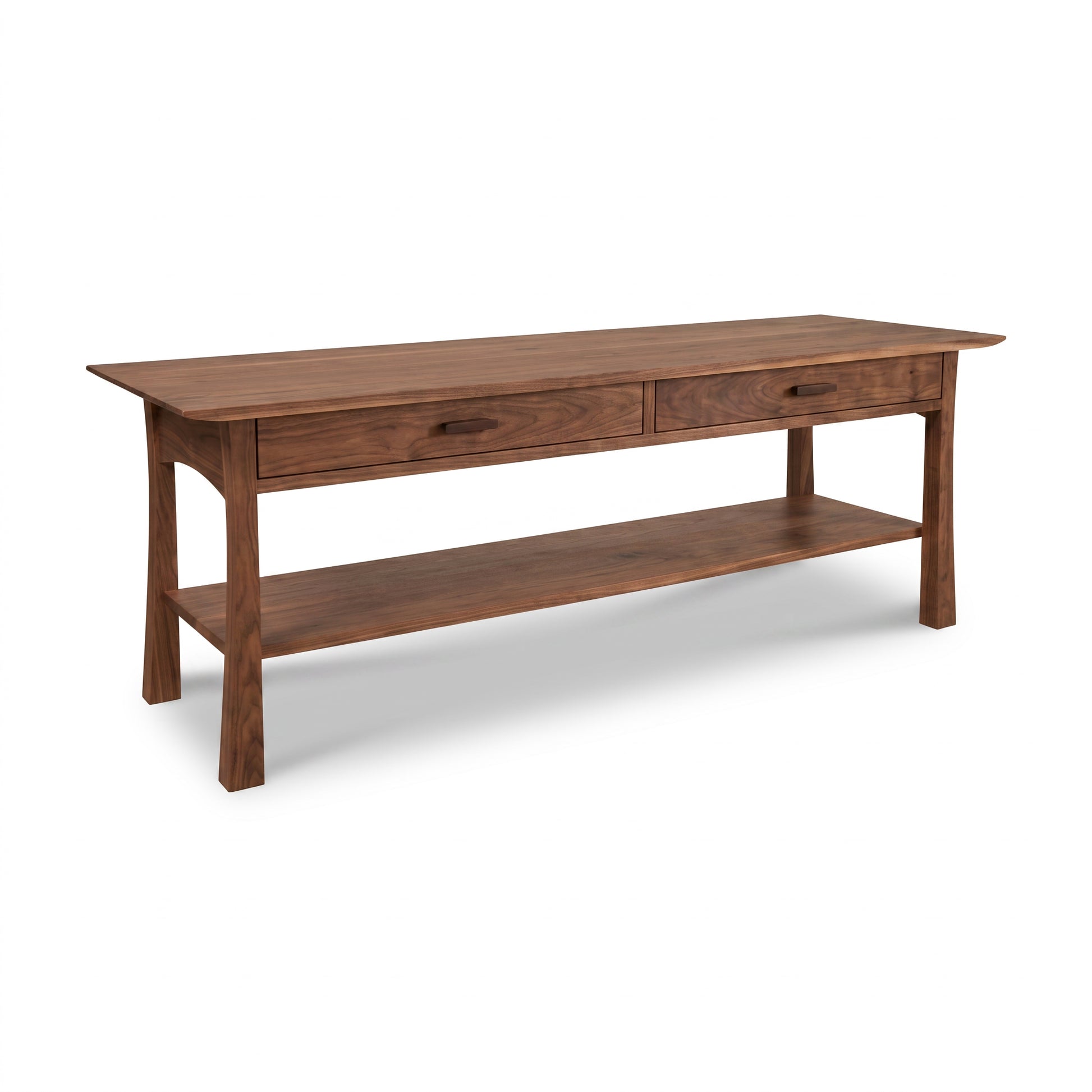 Contemporary Craftsman Console Coffee Table by Vermont Furniture Designs with arts and crafts style, two drawers, and a lower shelf.
