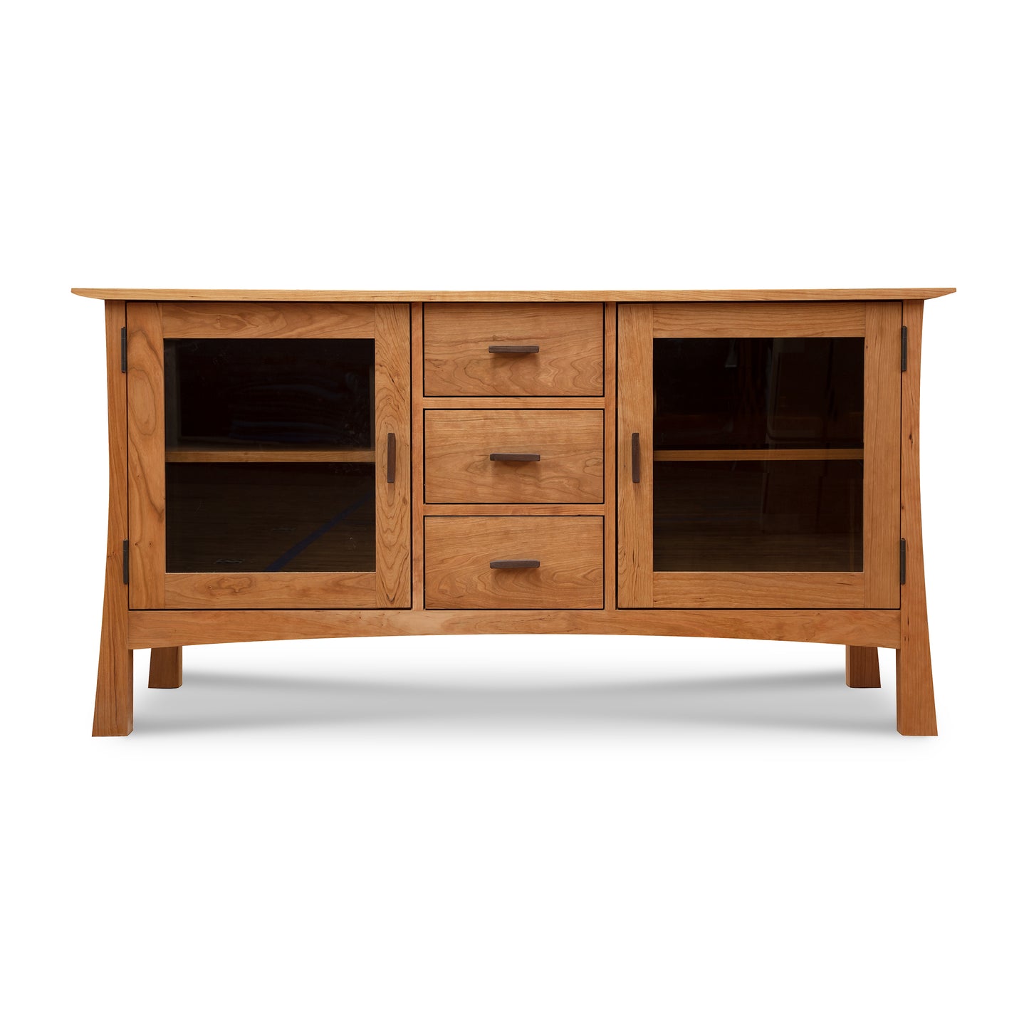 A Vermont Furniture Designs Contemporary Craftsman 3-Drawer Media Console with glass-paneled cabinets and drawers against a white background.