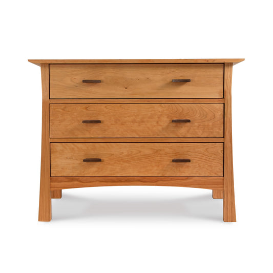 A solid hardwood Vermont Furniture Designs Contemporary Craftsman 3-Drawer Chest with eco-friendly oil finish and metal handles, isolated on a white background.
