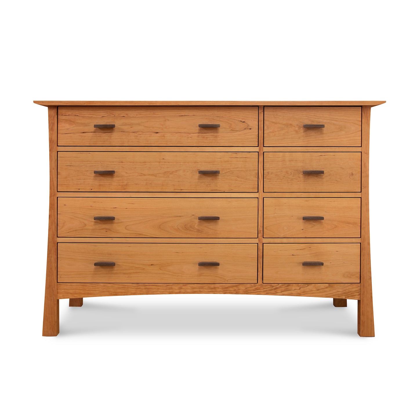 A Contemporary Craftsman 8-Drawer Dresser in natural cherry wood with eight drawers, four smaller ones aligned across the top and four larger ones below, isolated on a white background. (Brand Name: Vermont Furniture Designs)