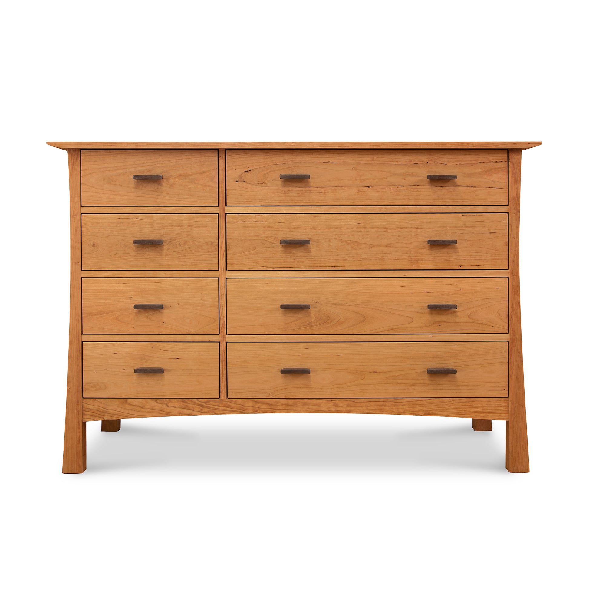 A Vermont Furniture Designs Contemporary Craftsman 8-Drawer Dresser crafted from natural cherry wood with six drawers and walnut drawer pulls against a white background.
