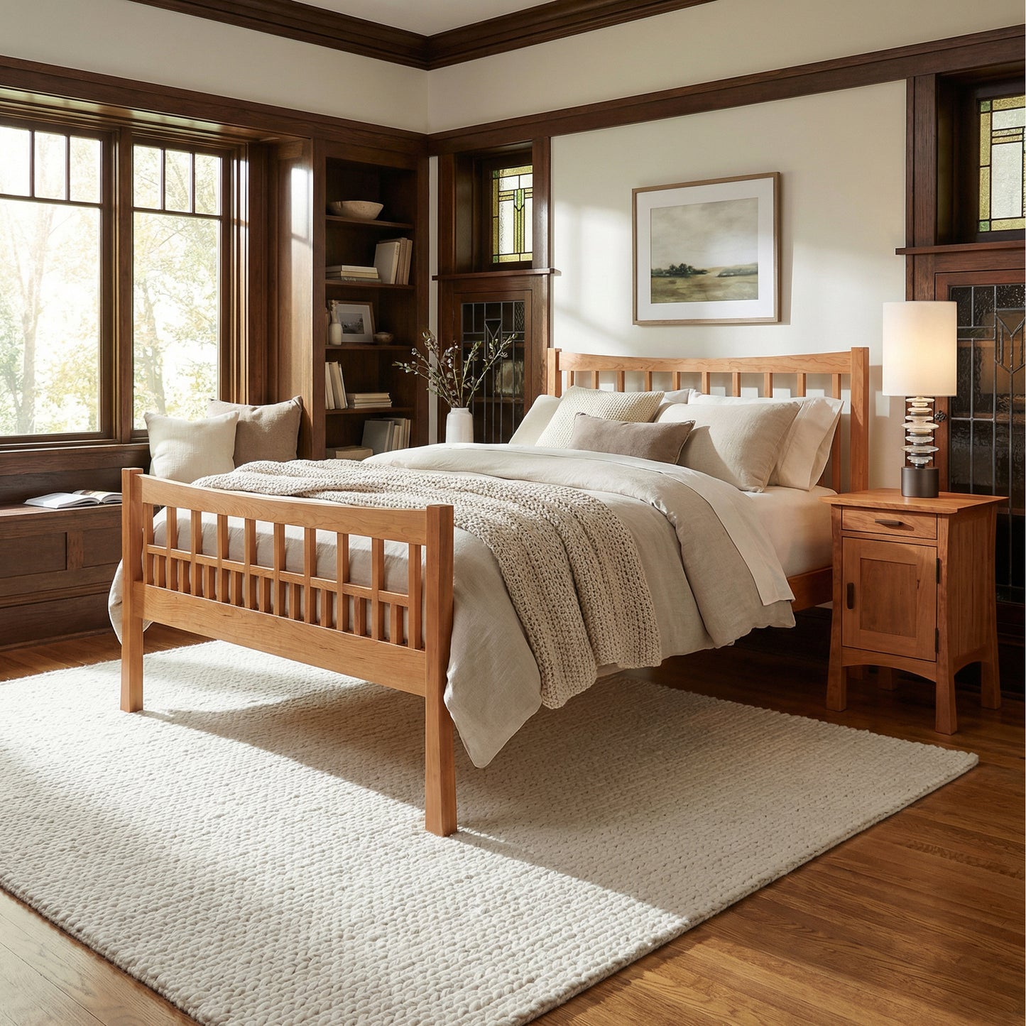 Contemporary Craftsman High Footboard Bed by Vermont Furniture Designs, expertly crafted from wood and showcased in bright natural light.