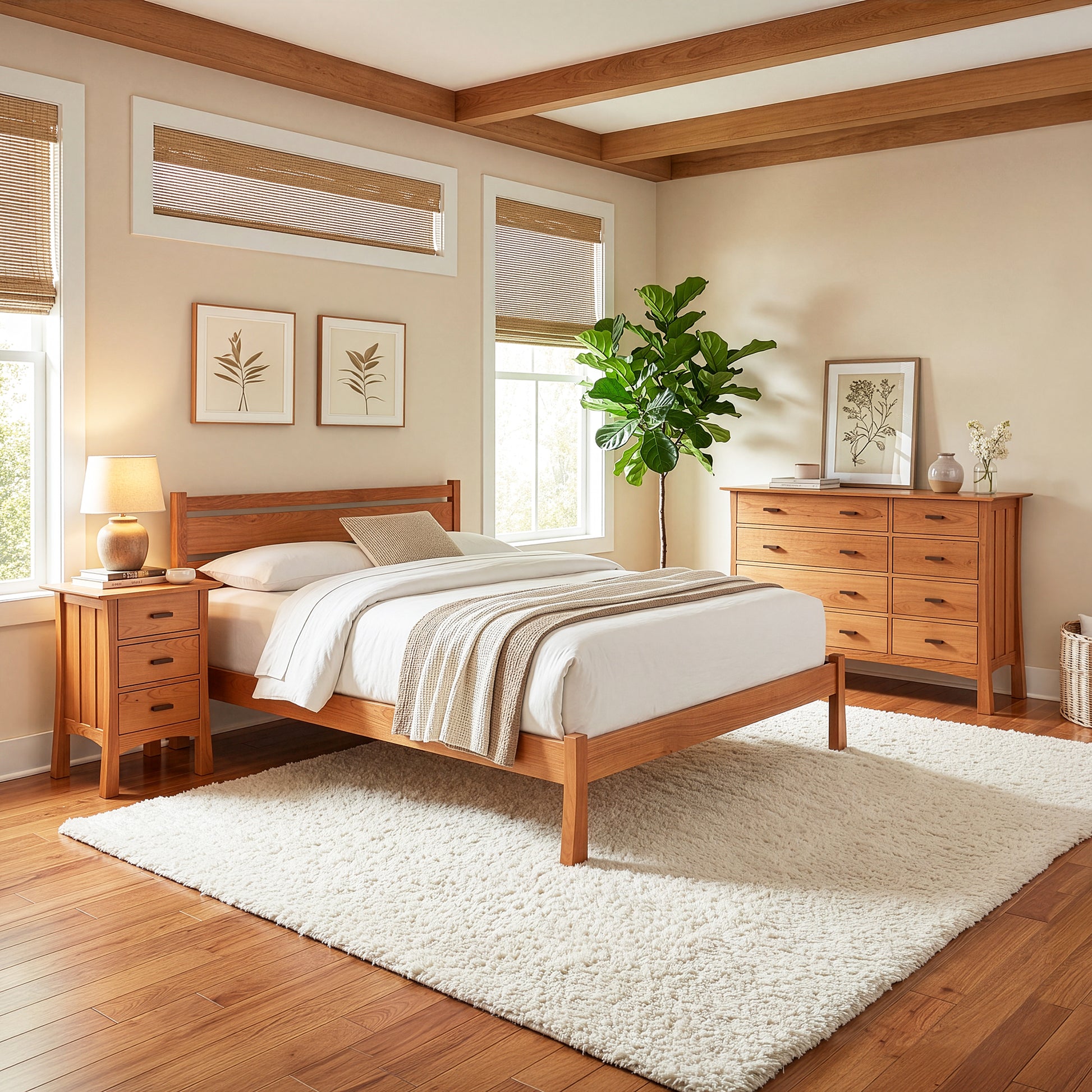 Vermont Furniture Designs Horizon Platform Bed with matching nightstand and dresser, showcasing premium American-made hardwood craftsmanship.